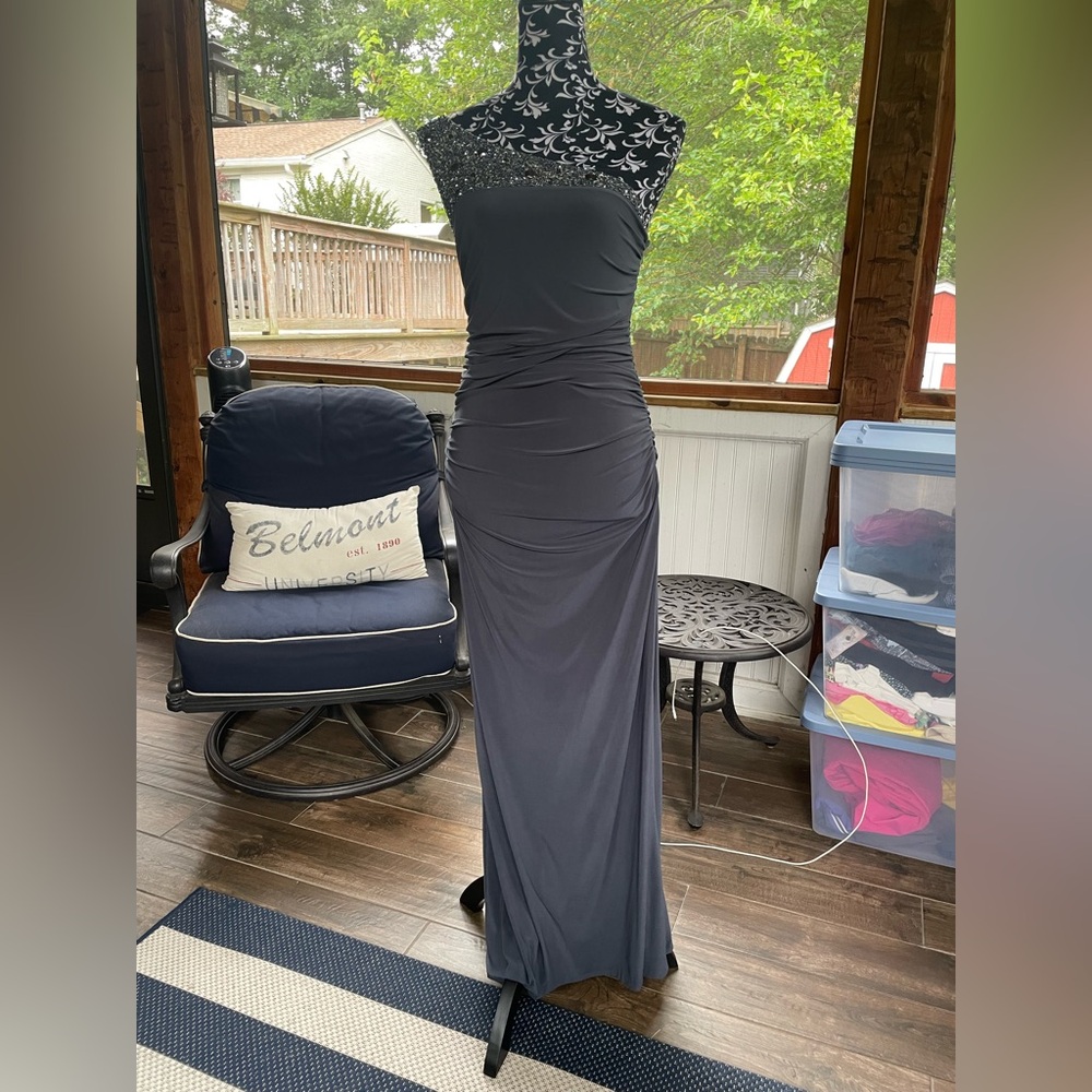JS Boutique evening gown with one beaded shoulder